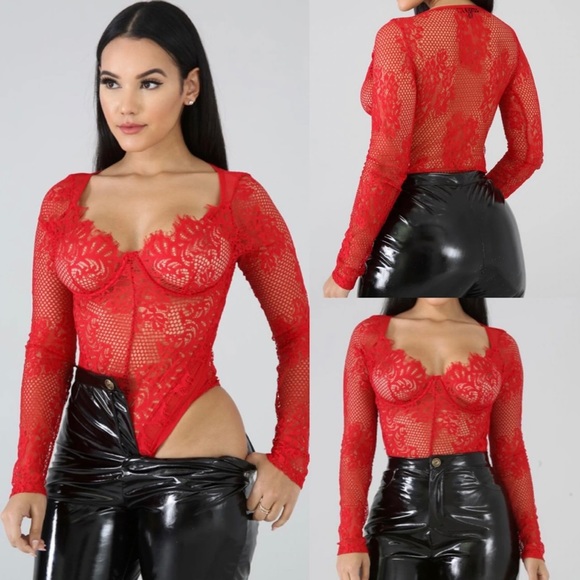 Long Sleeve Red Lace Bodysuit Sz Small - Picture 1 of 2